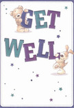 A wave of cheerful encouragement beams from this get well card, reflecting the gentle charm of Belmont. In the foreground, a joyful teddy bear and an exuberant puppy join forces among large, multi-hued letters spelling out 'Get Well'-the bear perched atop 'GET,' the puppy cuddled under 'WELL.' Indigo, teal, and purple tones sweep across the playful typography, their boldness cleverly offset by a soft, creamy backdrop reminiscent of the tranquil light filtering through Belmont High Street in early morning. Star-shaped bursts in soothing blues and purples twinkle across the card, scattering the feeling of hope throughout. The bear's fluffy fur and puppy's floppy ears are beautifully textured, giving the illustration a lifelike warmth that beckons a comforting hug-just as a thoughtfully arranged bouquet from a local Belmont florist would. Each character's expressive gaze and soft lines infuse the scene with heartfelt sincerity, creating a visual salve for anyone in need of healing. Uplifting and sincere, this card is a gentle reminder of Belmont's caring community, perfect for bringing a much-needed smile to someone on the road to recovery.